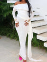 White Off-shoulder Long-sleeved Fitted Mesh Maxi Dress With Ribbon