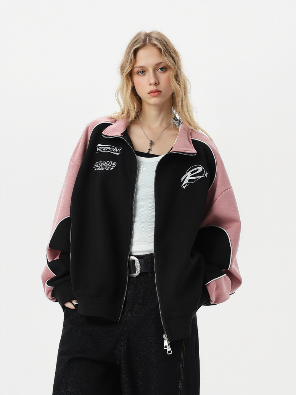 Embroidery Contrasting Colors Splicing Zipper Suede Jacket