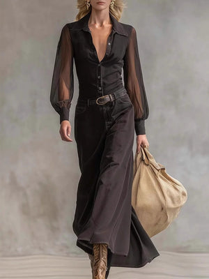 Black Long-sleeved See-through Shirt Collar Button Mesh Stitching Maxi Dress