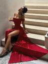 Off-the-shoulder Style With Slits Satin Sexy Backless Dinner Cocktail Party Wedding Long Dress
