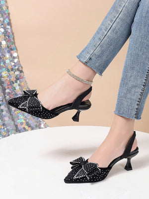 Rhinestone Pointed Bow Backless High Heels