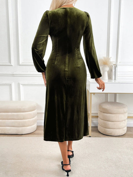 Long-sleeved V-neck Velvet Lace Collar Button Front Slit Formal Evening Midi Dress