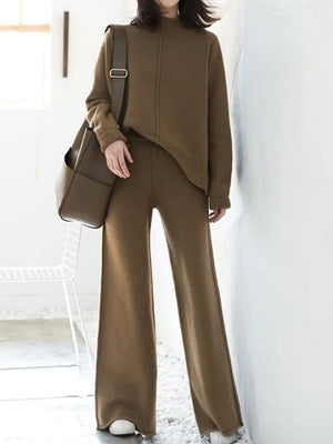 Slit Turtleneck Loose Sweaters Wide-leg Pants 2-piece Sets