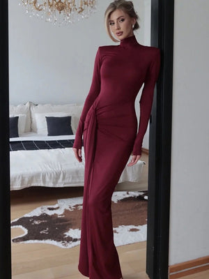 High-neck Long-sleeved Bandage Waist Sexy Grace Hip-hugging Cocktail Maxi Dress