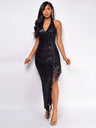 Open Back With Slit Sleeveless Halter Neck With Tassels And Sequins Maxi Dresses