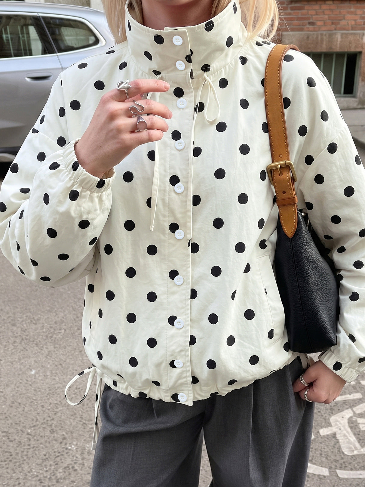 Stand-up Collar Drawstring Sweet And Cool Women's Color-blocked Polka Dot Jacket
