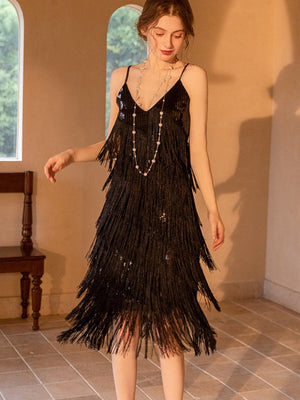 Black Sequins Tassel Spaghetti Strap Midi Dress