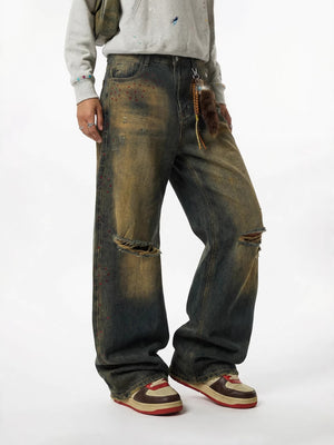 Retro Dirty Hole Red Diamond Distressed Jeans