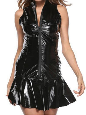 PU Leather Zippered Stand-up Collar Pleated Mini&Short Dresses