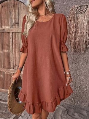 Ruffle Puff Sleeve Round Neck And Full Skirt Mini&Short Dresses
