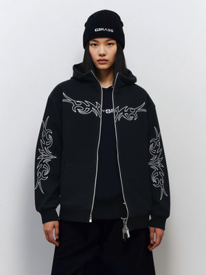 Crew Neck Loose Letter Rhinestone Zip-up Hoodie