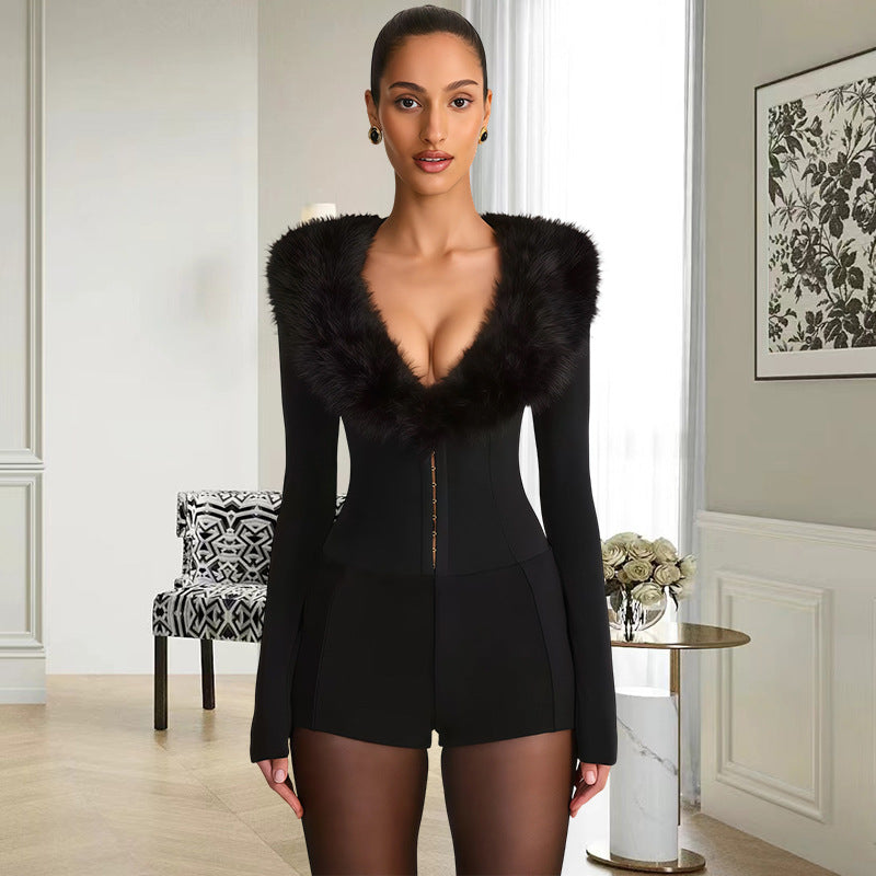 Faux Fur Collar Sexy Slim Fit Dinner Party Bodysuit