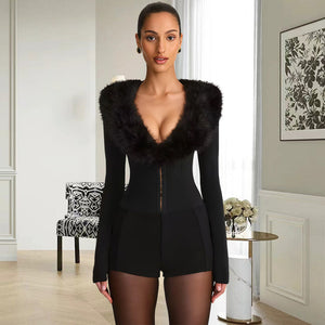 Faux Fur Collar Sexy Slim Fit Dinner Party Bodysuit