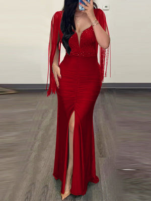 Sequins Bodycon Round Neck Slit Evening Dress Tassel Sleeves Pleated Maxi Dresses