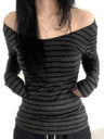 Striped Color Blocking Off-shoulder Slimming Off-shoulder Long-sleeved T-shirt