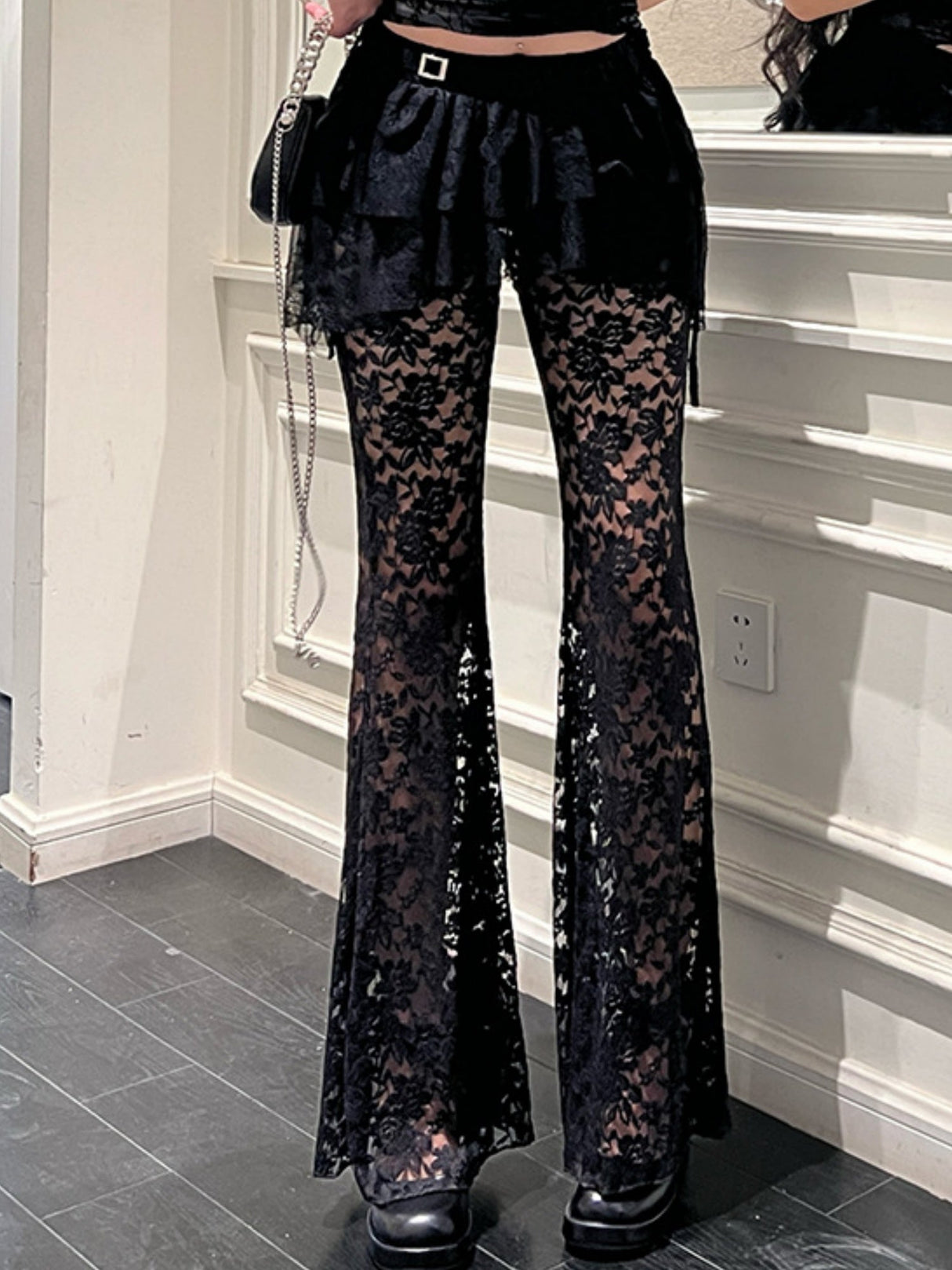 Y2K Lace Patchwork Hollowed-out Perspective High-waisted Flared Pants Slimming Pants