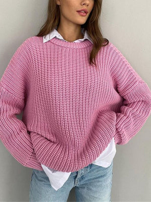 Liber Crew Neck Loose Solid Color Knitted Sweater