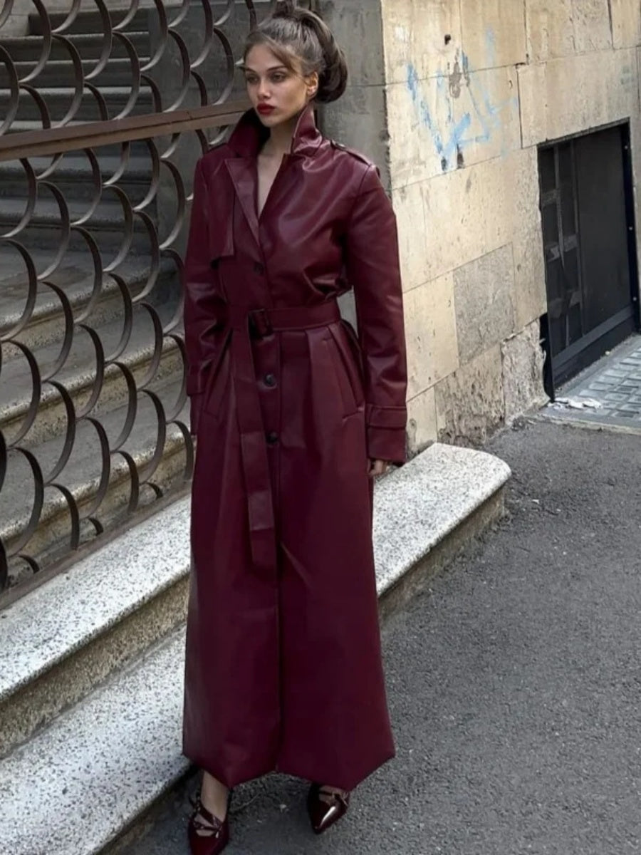 PU Leather Suit Collar Long Windbreaker