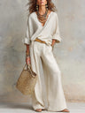 Casual Natural Linen Loose V-neck Vacation Two-piece Set
