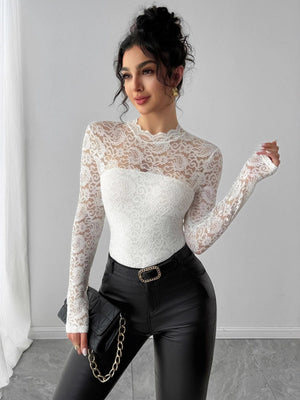 Long-sleeved High-neck Sheer Lace Slim Fit Elegant And Form-fitting Daily Party Outfit: Mesh/sheer Top