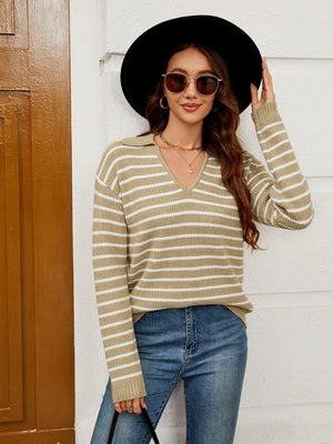 Liber Autumn Women's V-neck Contrasting colors Stripes Jacket Woolen