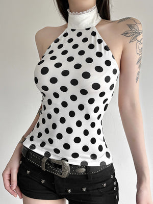 Polka Dots Halter Neck Waist Shaping Lace Patchwork Trim Tank Tops&Camis