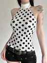 Polka Dots Halter Neck Waist Shaping Lace Patchwork Trim Tank Tops&Camis