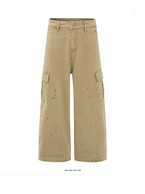 Multi-pocket Design Loose Splashing Ink Old Straight Pants