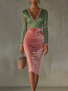 Women's Leopard Print Color-blocked Gold Velvet Spliced Stretch Slim-fit High-waisted Long Dress