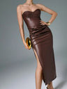 PU Leather Strapless Bra With Pleats And Slits Maxi Dresses