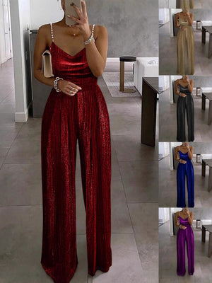 Wide-leg Pants Camisoles Waist Metallic Color Jumpsuits