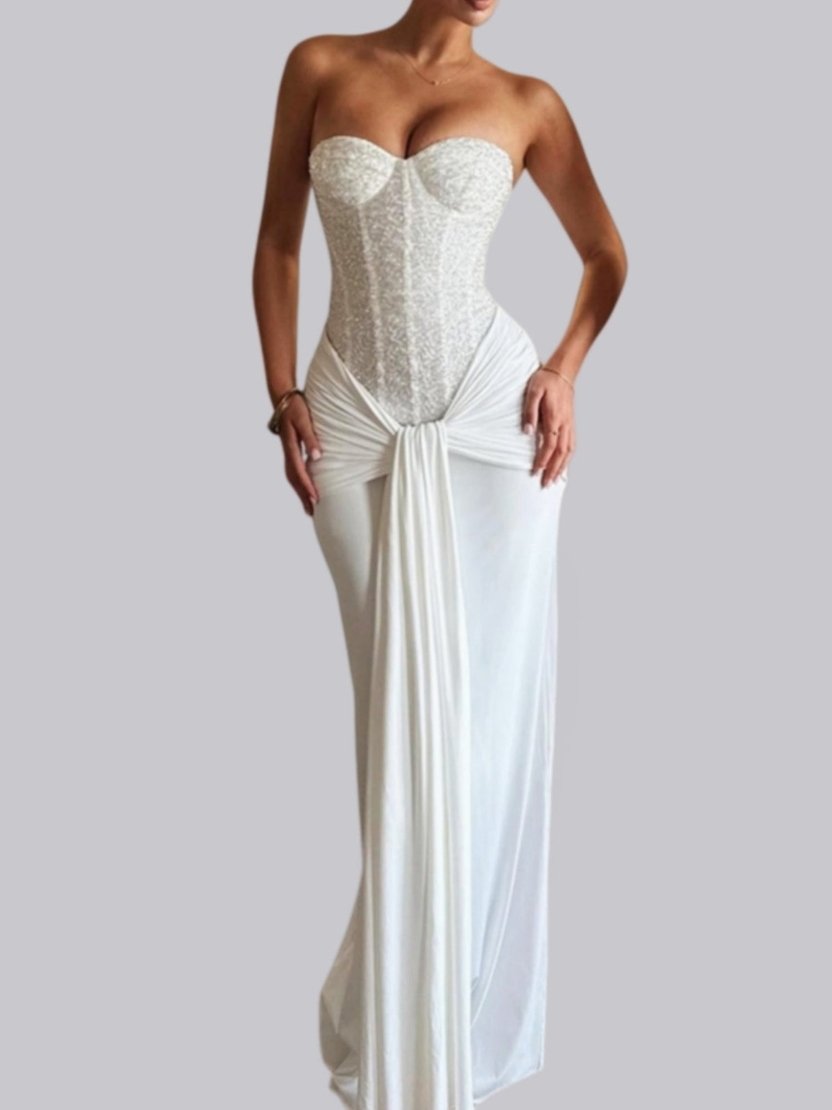 Sequined Strapless Top Splicing Pleated Straps Waist-cinching And Hip-hugging Maxi Dresses