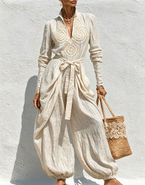 V-neck Tie-up Embroidered Loose-fitting Jumpsuit