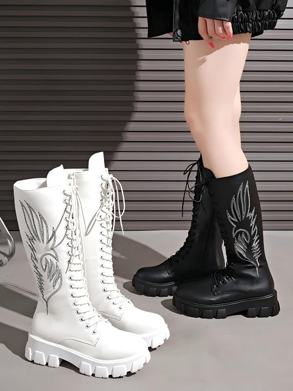 Lace-up Zippered Knee-high Platform Embroidered Vintage Women's Boots