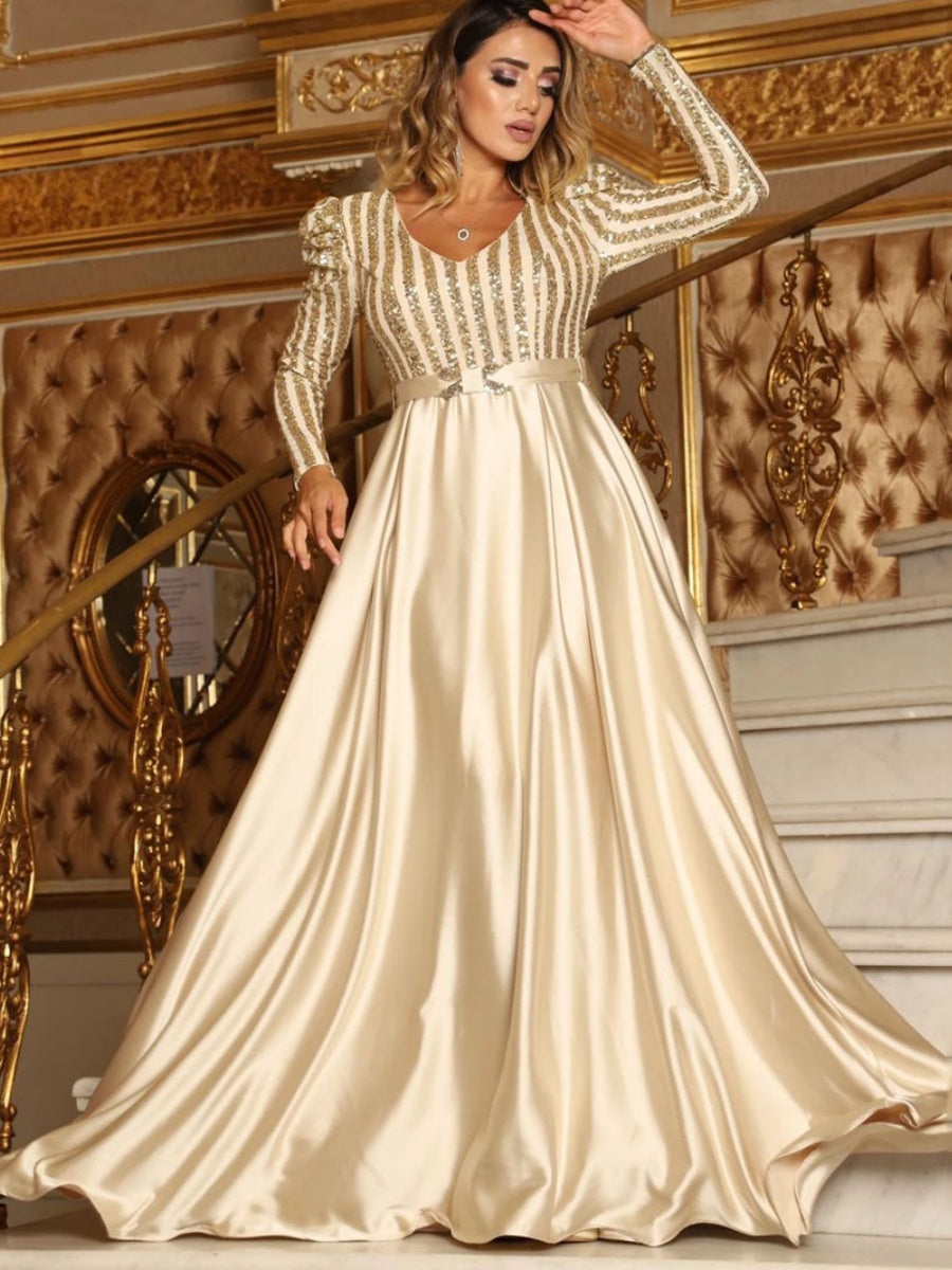 Maxikleider mit tiefem V-Ausschnitt, langen Ärmeln und Spitze