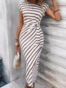Bandage Stripes Crew Neck Short Sleeve Maxi Dresses
