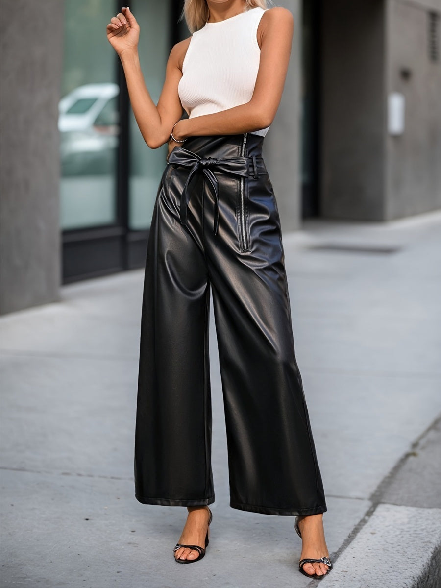 High Waist Loose-fit PU Leather Pants Zipper Pants
