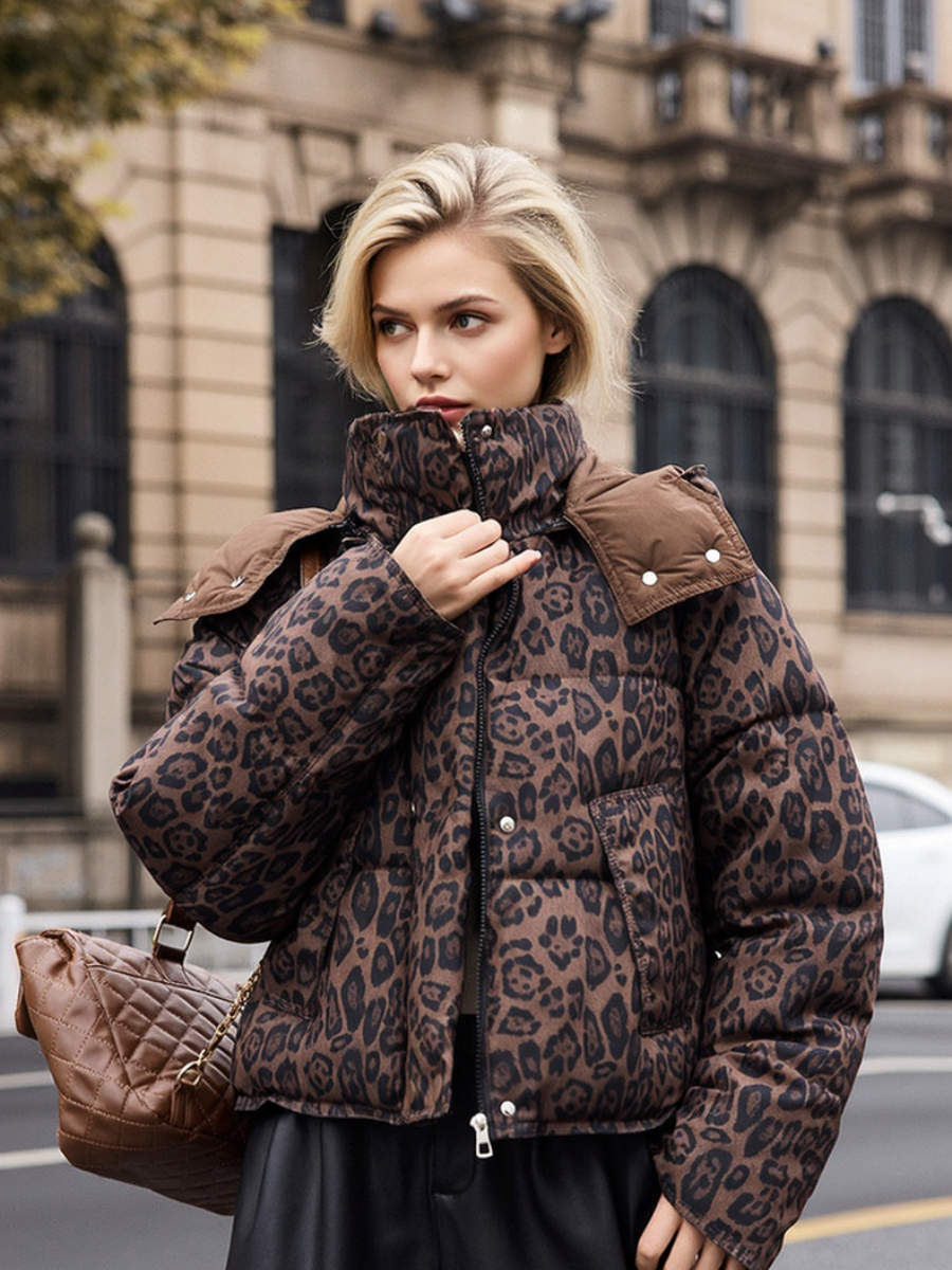 Detachable Pocket Leopard Bread Loose Short Hooded Zippered Cotton Jacket