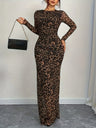 Leopard Mesh Printing Pleats Sexy Tight Fit Crew Neck Maxi Dresses