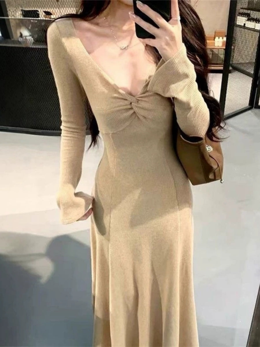 French-style Soft And Gentle Solid Color Dress, Slimming V-neck Knotted Elegant Temperament Waist-cinching Base Long Dress