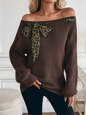 Brown pullover straps Leopard Off-shoulder sweater