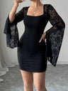Lace-trimmed Bell Sleeves Slit Square Collar Hip Wrap Mini&Short Dresses