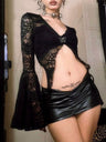 Y2K Lace  Flare Sleeve Slit And Exposed Navel Long-sleeved T-shirt