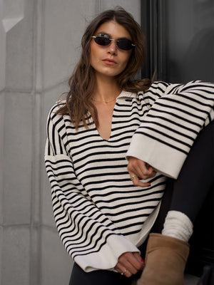 Black Striped Sweater With Collar, Long Sleeves, Loose Fit, Pullover Style.