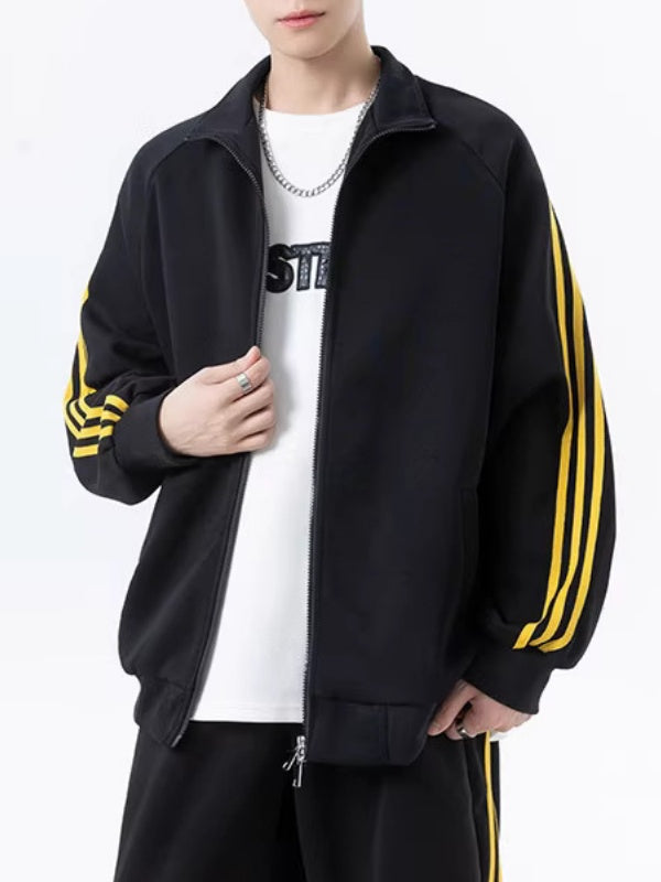 Color-blocked Stripes Straight-leg Trousers Sweatshirts Cardigan Set