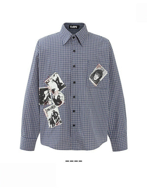 Retro Portrait Appliqué Embroidery Plaid Cleanfit Loose Shirts