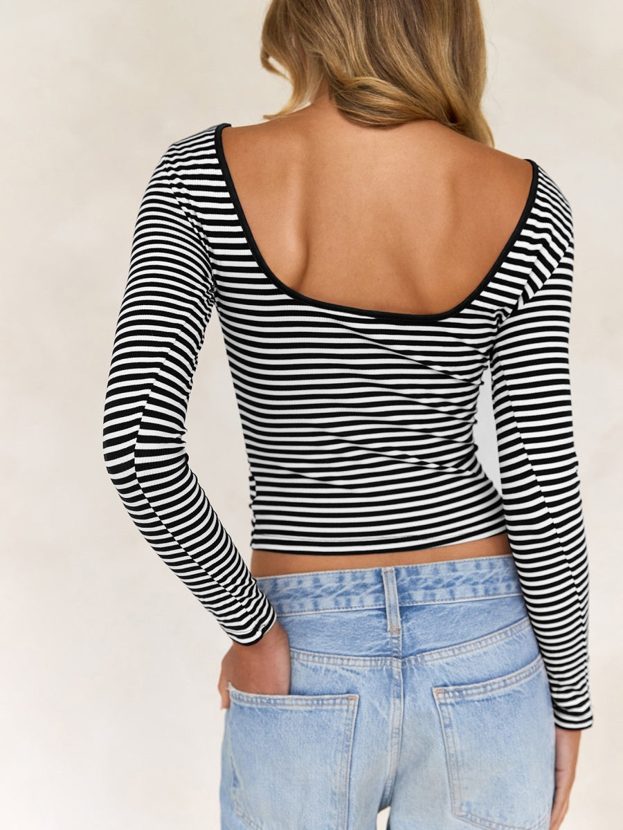Simplicity Contrasting Colors Stripes Backless Long Sleeve T-shirts