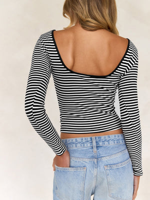 Simplicity Contrasting Colors Stripes Backless Long Sleeve T-shirts