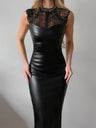Lace Splicing PU Leather Skirt Midi Dresses