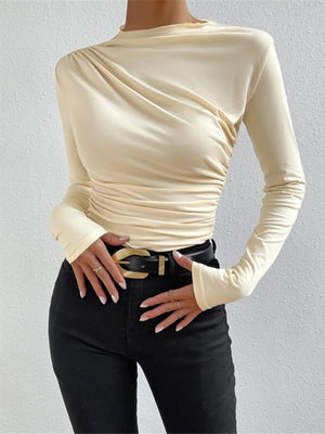 Pleated Solid Color Long-sleeved T-shirt